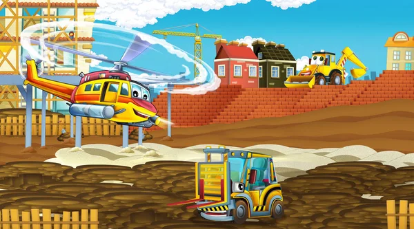 Escena de dibujos animados con coches de la industria en el sitio de construcción y helicóptero volador - ilustración para los niños —  Fotos de Stock