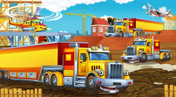 Scena dei cartoni animati con auto del settore in cantiere ed elicottero volante - illustrazione per bambini — Foto Stock