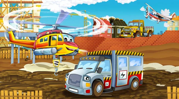 Scena dei cartoni animati con auto del settore in cantiere ed elicottero volante - illustrazione per bambini — Foto Stock