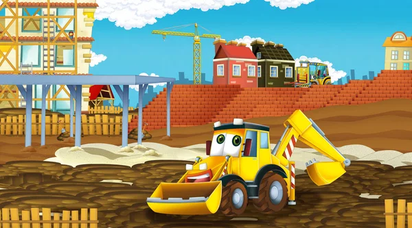 Escena de dibujos animados con coches de la industria en el sitio de construcción - ilustración para los niños — Foto de Stock
