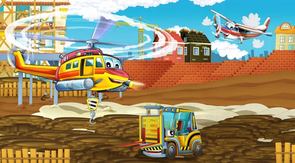 Scena dei cartoni animati con auto del settore in cantiere e elicottero volante e aereo - illustrazione per bambini — Foto Stock