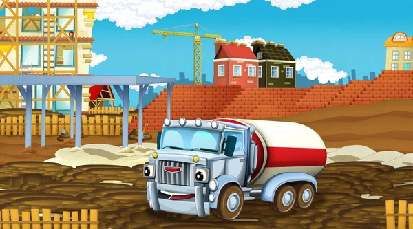 Escena de dibujos animados con coches de la industria en el sitio de construcción - ilustración para los niños — Foto de Stock