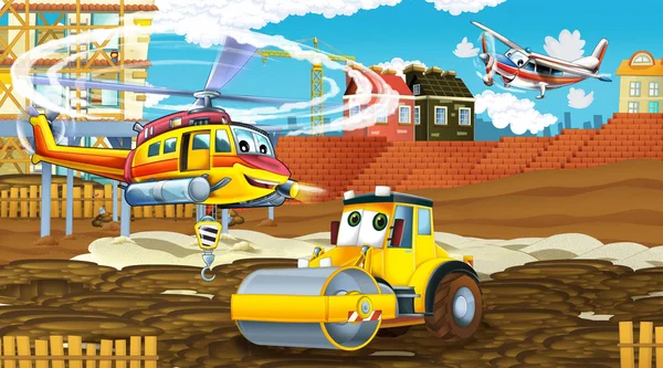 Scena dei cartoni animati con auto del settore in cantiere e elicottero volante e aereo - illustrazione per bambini — Foto Stock