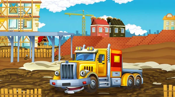 Escena de dibujos animados con coches de la industria en el sitio de construcción - ilustración para los niños —  Fotos de Stock