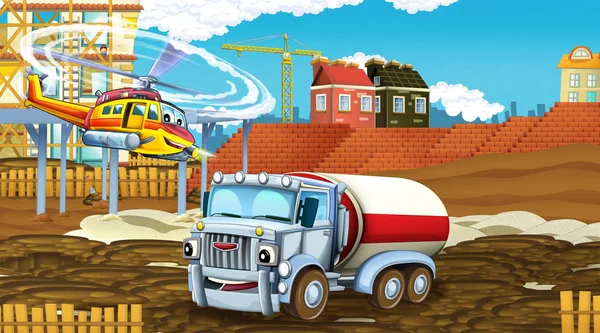 Cena dos desenhos animados com carros da indústria no local de construção e helicóptero voador - ilustração para crianças — Fotografia de Stock