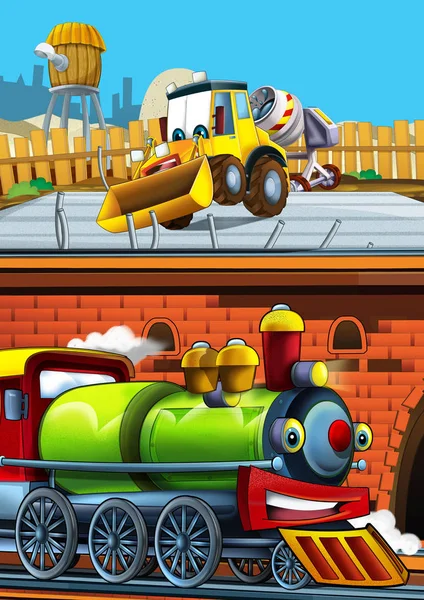 Cartoon grappig ogende trein op het station in de buurt van de stad en graafmachine graver auto rijden - illustratie voor kinderen — Stockfoto