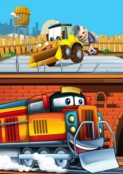 Cartoon grappig ogende trein op het station in de buurt van de stad en graafmachine graver auto rijden - illustratie voor kinderen — Stockfoto