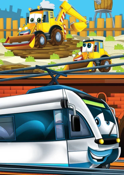 Rajzfilm vicces látszó vonat a vasútállomáson, közel a város és a kotró ásó autó vezetés - illusztráció gyerekeknek — Stock Fotó