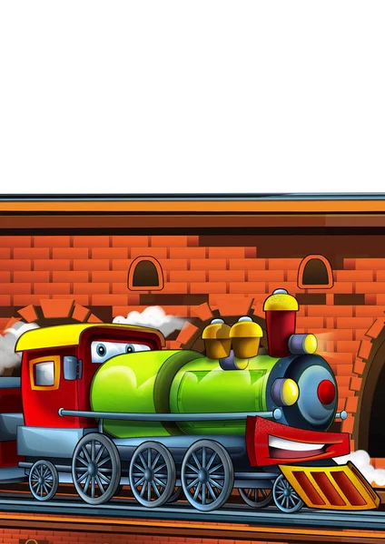 Мультфильм смешно выглядящий поезд на вокзале возле города на белом фоне - иллюстрация для детей — стоковое фото