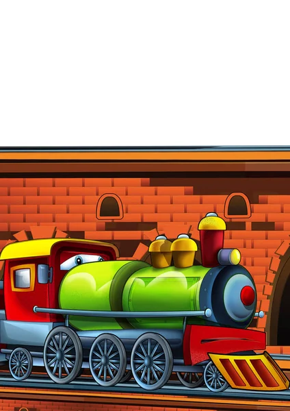 Tegneserie sjovt udseende tog på togstationen nær byen på hvid baggrund illustration for børn - Stock-foto