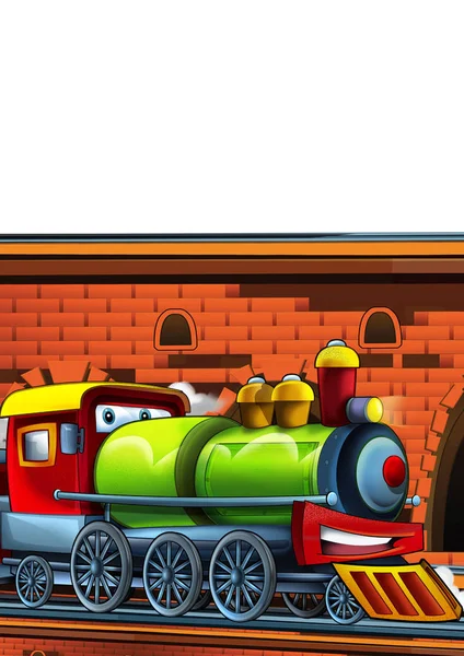 Cartoon funny looking train on the train station near the city on white background - illustration for children — ストック写真