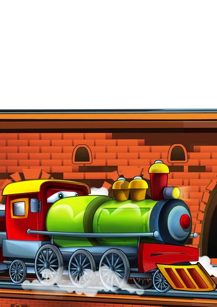 Cartoon funny looking train on the train station near the city on white background - illustration for children — Stock Photo, Image