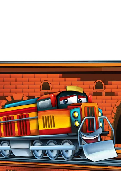 Tren de aspecto divertido de dibujos animados en la estación de tren cerca de la ciudad sobre fondo blanco - ilustración para niños — Foto de Stock