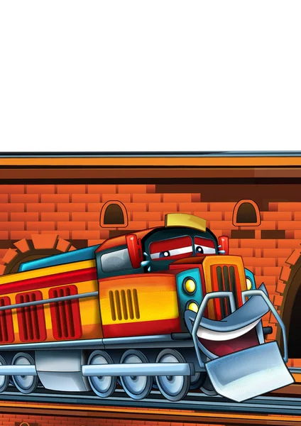 Kreskówka śmiesznie wyglądający pociąg na stacji kolejowej w pobliżu miasta na białym tle - ilustracja dla dzieci — Zdjęcie stockowe