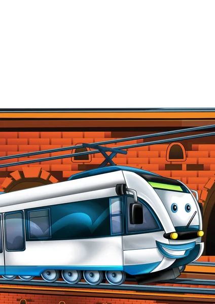 Kreskówka śmiesznie wyglądający pociąg na stacji kolejowej w pobliżu miasta na białym tle - ilustracja dla dzieci — Zdjęcie stockowe