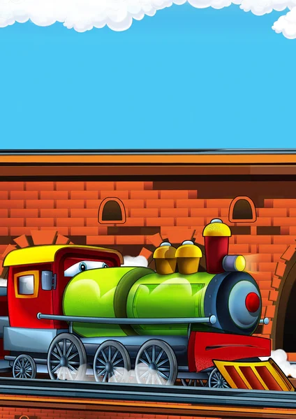 Cartoon funny looking train on the train station near the city with space for text - illustration for children — Stock Photo, Image