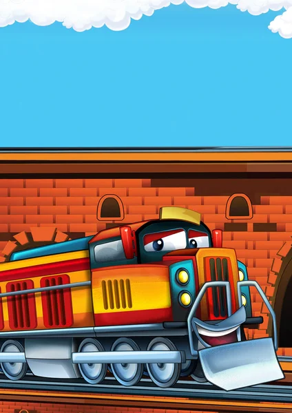 Cartoon funny looking train on the train station near the city with space for text - illustration for children — Stock Photo, Image