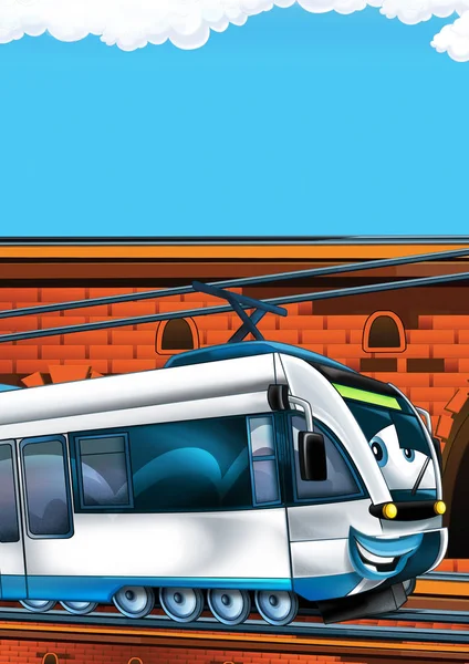 Cartoon grappig ogende trein op het station in de buurt van de stad met ruimte voor tekst - illustratie voor kinderen — Stockfoto