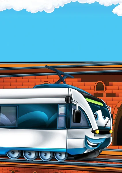 Tren de aspecto divertido de dibujos animados en la estación de tren cerca de la ciudad con espacio para el texto - ilustración para los niños — Foto de Stock