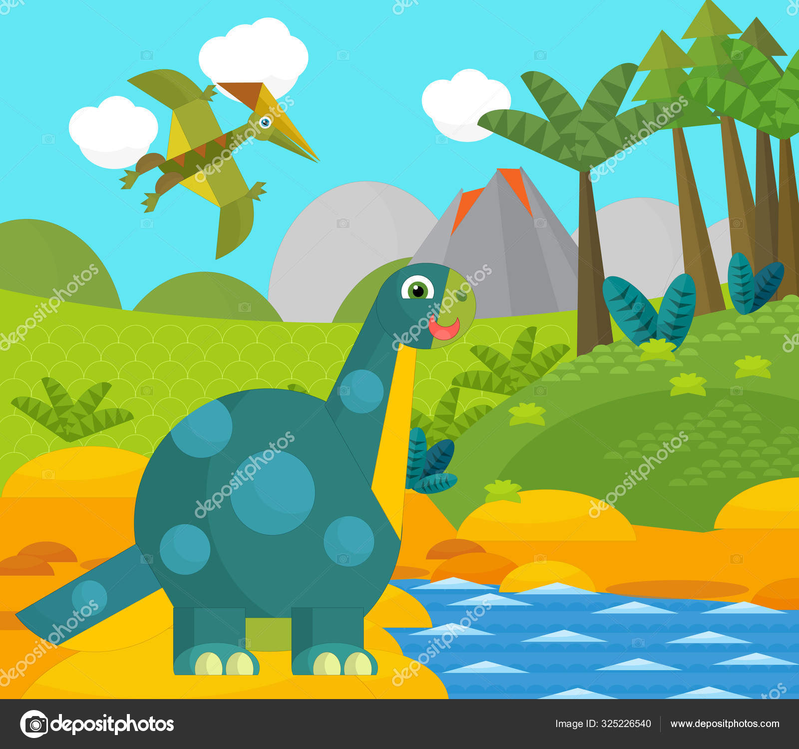 Desenhos animados dinossauros felizes com vulcão