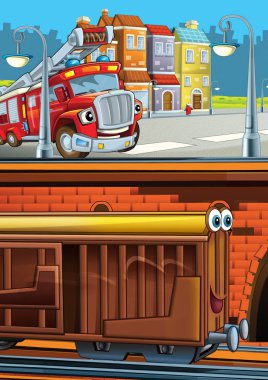 Şehrin yakınındaki tren istasyonunda çizgi film komik görünümlü tren ve çocuklar için bir illüstrasyon.