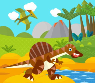 Bir nehir ve volkan yakınında mutlu bir dinozor çizgi filmi. Çocuklar için bir çizim.
