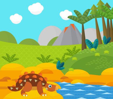 Bir nehir ve volkan yakınında mutlu bir dinozor çizgi filmi. Çocuklar için bir çizim.