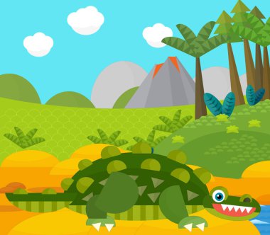 Bir nehir ve volkan yakınında mutlu bir dinozor çizgi filmi. Çocuklar için bir çizim.