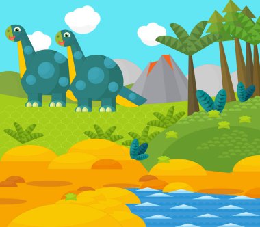 Bir nehir ve volkan yakınında mutlu bir dinozor çizgi filmi. Çocuklar için bir çizim.