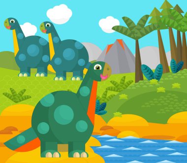 Bir nehir ve volkan yakınında mutlu bir dinozor çizgi filmi. Çocuklar için bir çizim.