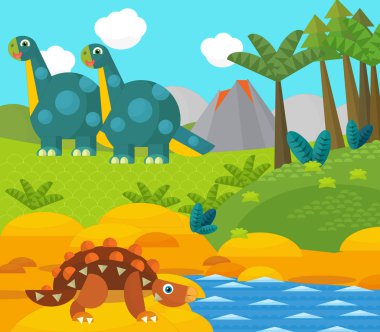 Bir nehir ve volkan yakınında mutlu bir dinozor çizgi filmi. Çocuklar için bir çizim.