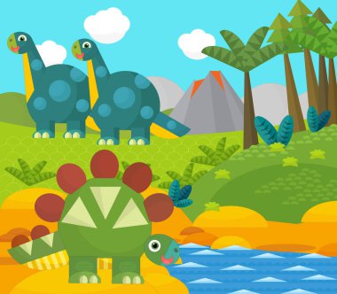 Bir nehir ve volkan yakınında mutlu bir dinozor çizgi filmi. Çocuklar için bir çizim.
