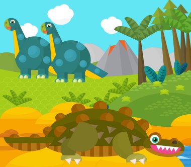 Bir nehir ve volkan yakınında mutlu bir dinozor çizgi filmi. Çocuklar için bir çizim.