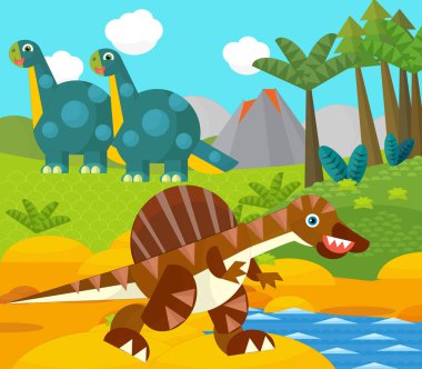 Bir nehir ve volkan yakınında mutlu bir dinozor çizgi filmi. Çocuklar için bir çizim.
