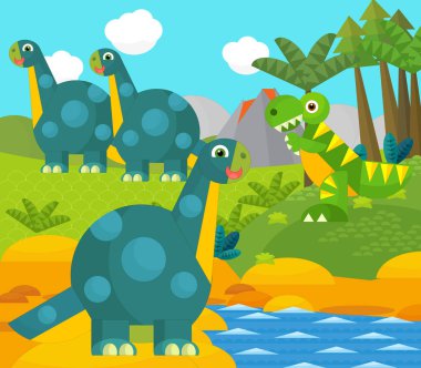 Bir nehir ve volkan yakınında mutlu bir dinozor çizgi filmi. Çocuklar için bir çizim.