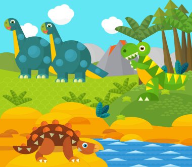 Bir nehir ve volkan yakınında mutlu bir dinozor çizgi filmi. Çocuklar için bir çizim.