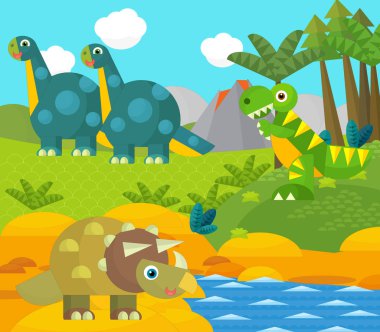 Bir nehir ve volkan yakınında mutlu bir dinozor çizgi filmi. Çocuklar için bir çizim.