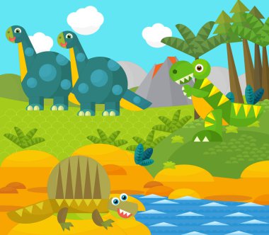 Bir nehir ve volkan yakınında mutlu bir dinozor çizgi filmi. Çocuklar için bir çizim.