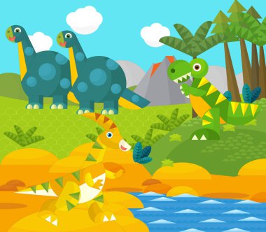 Bir nehir ve volkan yakınında mutlu bir dinozor çizgi filmi. Çocuklar için bir çizim.