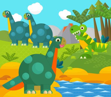 Bir nehir ve volkan yakınında mutlu bir dinozor çizgi filmi. Çocuklar için bir çizim.