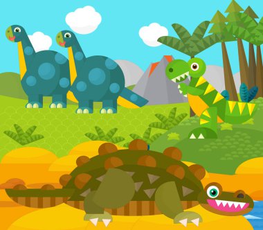Bir nehir ve volkan yakınında mutlu bir dinozor çizgi filmi. Çocuklar için bir çizim.