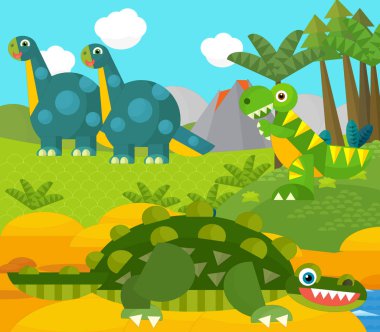 Bir nehir ve volkan yakınında mutlu bir dinozor çizgi filmi. Çocuklar için bir çizim.