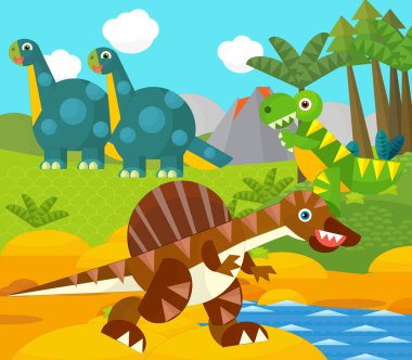 Bir nehir ve volkan yakınında mutlu bir dinozor çizgi filmi. Çocuklar için bir çizim.