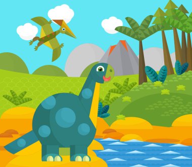 Bir nehir ve volkan yakınında mutlu bir dinozor çizgi filmi. Çocuklar için bir çizim.