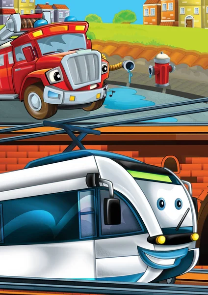 Cartoon funny looking train on the train station near the city and fireman truck car driving - illustration for children — Stock Photo, Image