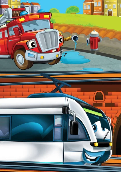 Tren de aspecto divertido de dibujos animados en la estación de tren cerca de la ciudad y la conducción de automóviles de bomberos - ilustración para los niños —  Fotos de Stock