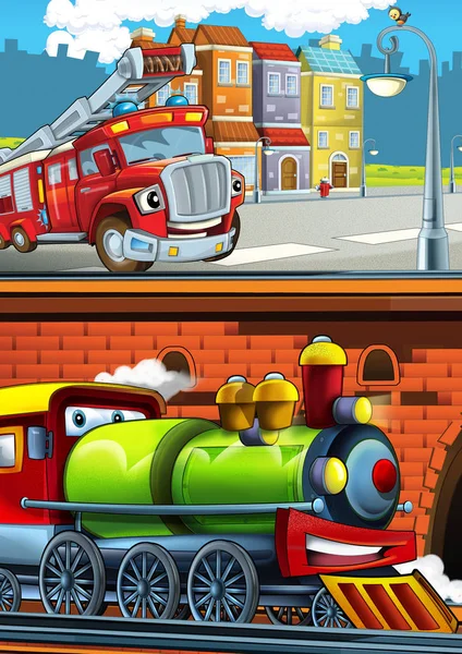 Cartone animato divertente cercando treno sulla stazione ferroviaria vicino alla città e camion pompiere guida auto - illustrazione per i bambini — Foto Stock