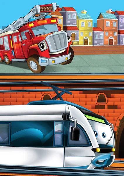 Rajzfilm vicces látszó vonat a vasútállomáson, közel a város és a tűzoltó teherautó vezetés - illusztráció gyerekeknek — Stock Fotó