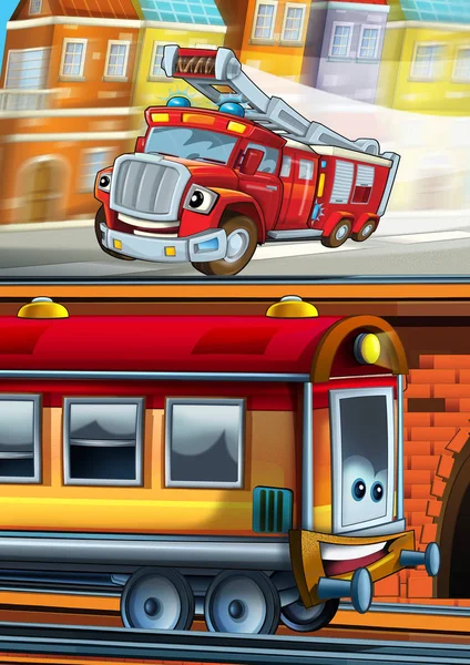 Cartoon lustig aussehender Zug auf dem Bahnhof in der Nähe der Stadt und Feuerwehrauto fahren - Illustration für Kinder — Stockfoto