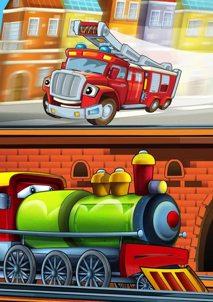 Cartoon lustig aussehender Zug auf dem Bahnhof in der Nähe der Stadt und Feuerwehrauto fahren - Illustration für Kinder — Stockfoto